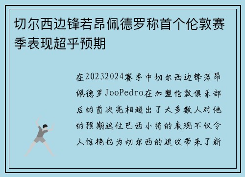 切尔西边锋若昂佩德罗称首个伦敦赛季表现超乎预期
